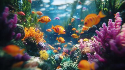 Fototapeta premium Vibrant coral reef teeming with colorful fish in a breathtaking underwater scene.