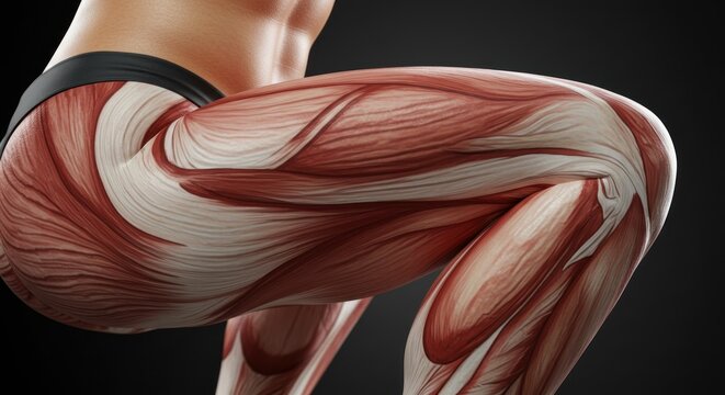 Detailed view of human thigh muscles during a squat