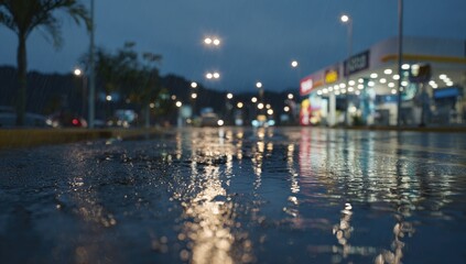 Wet pavement at night, city street