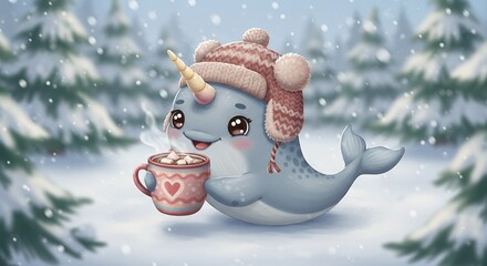 Cute narwhal with hot chocolate in winter forest