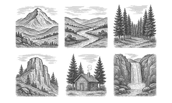 Hand-drawn mountain scenes with cabins, trees, and waterfalls in vintage style