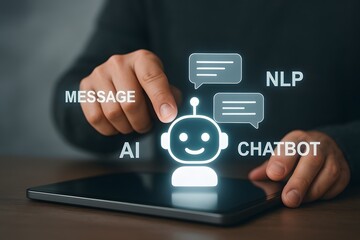 Man interacting with AI chatbot icon on smartphone. 