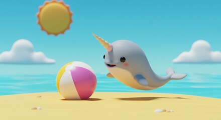 Playful narwhal on beach