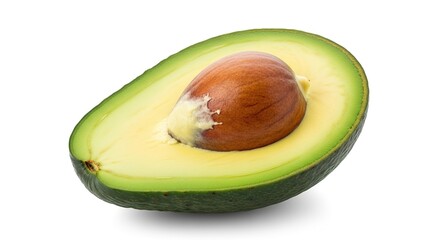 Fresh Green Avocado Half with Large Brown Seed on White Background