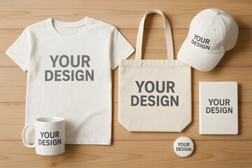 Creative mock-up on wooden background featuring T-shirt, mug, tote bag, hat, button and notepad.