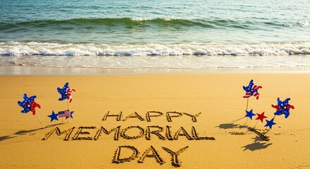 Memorial Day beach scene with patriotic decorations