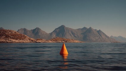 Orange cone floats on calm water, mountains in distance