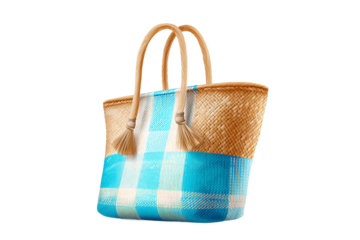 Straw Beach Bag with Blue Plaid Pattern, isolated on white transparent background