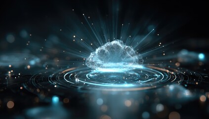 Abstract cloud graphic, illuminated by light bursts,  with digital interface elements