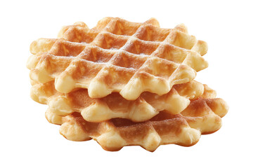 Stack of delicious golden waffles dusted with powdered sugar, isolated on white transparent background