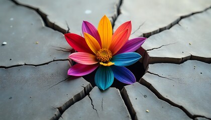 Power of diversity concept as a flower with diverse colors emerging out of a cement crack, representing resilience  facing challenges as a metaphor, created with generative ai