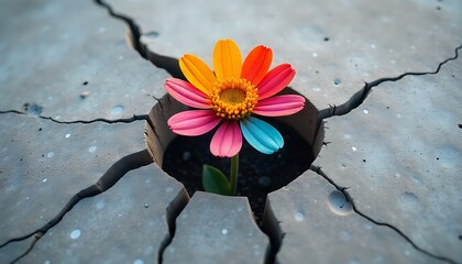 Power of diversity concept as a flower with diverse colors emerging out of a cement crack, representing resilience  facing challenges as a metaphor, created with generative ai