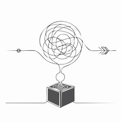 Problem to Solution. A visual metaphor showing a tangled, chaotic knot of lines on one side, which then feeds into a simple machine or black box, and emerges as a single, straight, orderly line