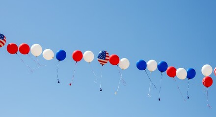 Red, white, and blue balloons against clear sky