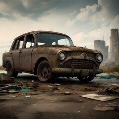 Fototapeta premium Rusted Car in Urban Ruins