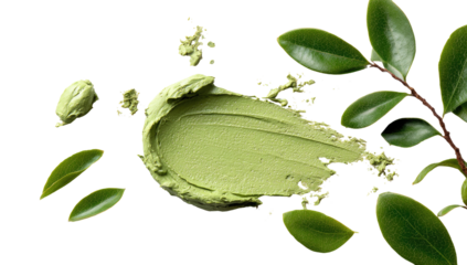 Green cosmetic product,  smudged and textured, surrounded by vibrant leaves