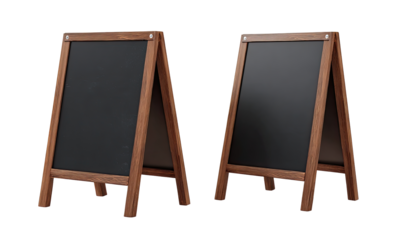 Two wooden A-frame chalkboards, side-by-side, displaying blank black surfaces.  The boards are mounted on simple wooden stands