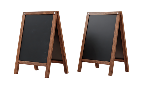 Two wooden A-frame chalkboards, side-by-side, displaying blank black surfaces.  The boards are mounted on simple wooden stands