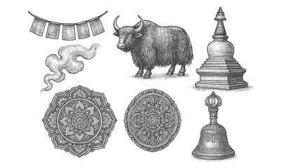 Traditional tibetan elements: yak, mandalas, bell, and stupa in detailed sketch style