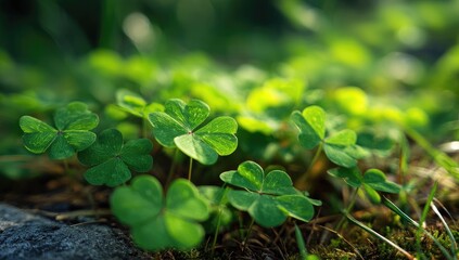 Naklejka premium Close-up of vibrant green clover leaves. Sunlight filters through, illuminating the delicate foliage. Soft focus on the background