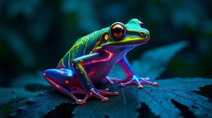 Fototapeta premium Neon Tree Frog on Branch — Luminous Amphibian Close-Up