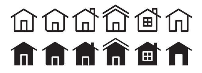 House Icons in Row with Variations Isolated on White Background