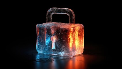 Frozen lock, dual-toned, icy, and fiery.  A translucent, cube-shaped lock, seemingly made of ice, glows with contrasting blue and orange/red light. 
