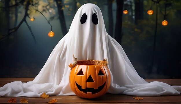 Friendly Ghost with Jack-o'-Lantern Bucket