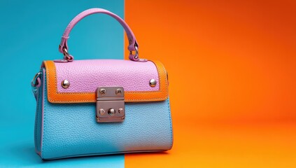 Colorful handbag on a vibrant background.  A small, light-purple and light-blue handbag with orange accents sits on a split background of turquoise and orange.