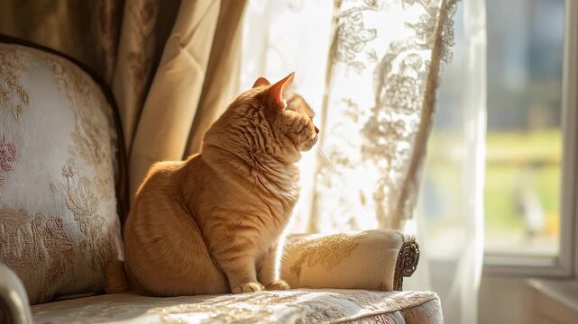 Ginger cat sitting elegantly in a chair in the sunlight