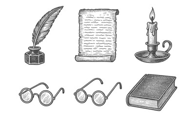Vintage writing tools and accessories in hand drawn style