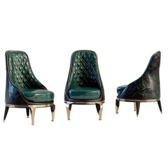 Obraz premium Three modern armchairs, teal quilted upholstery, metallic bases