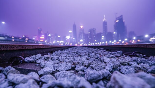 Urban railway tracks at twilight. A low-angle view of railway tracks, filled with small stones, leading into a blurred cityscape bathed in purple and mauve hues. City lights twinkle in the distance