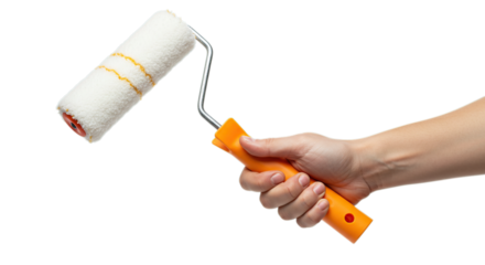 Hand Holding Paint Roller Ready for Home Improvement and Renovation Projects Isolated on Transparent Background