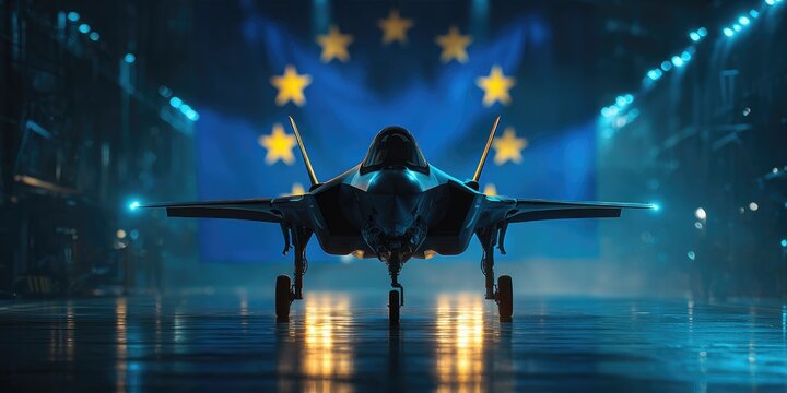 Dark hangar, stealth fighter jet, EU flag backdrop
