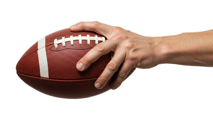 Close up of a hand holding an American football isolated on transparent background ready for game
