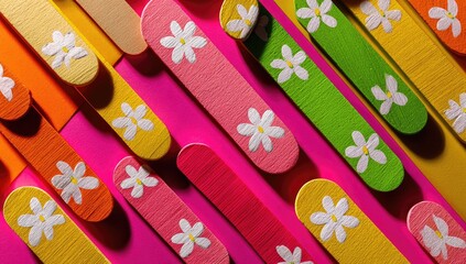 Colorful painted wooden popsicle sticks with white flowers, arranged diagonally on a bright pink background