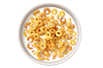 Cereal with Milk in Beige Bowl, Top View, isolated on white transparent background