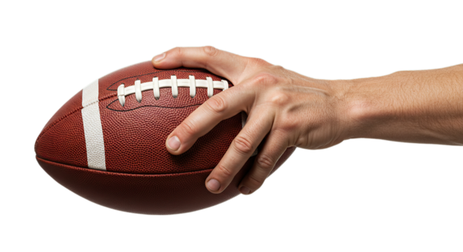 Close up of a hand holding an American football isolated on transparent background ready for game