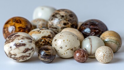 Obraz premium Close-up of a cluster of polished stone spheres in various shades of brown, beige, and white. Intricate patterns and textures are visible on each sphere
