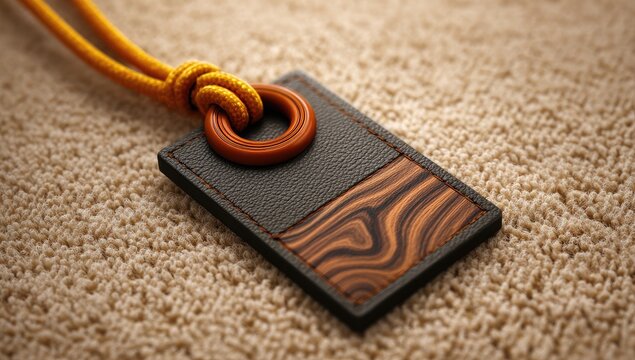 Rectangular pendant with orange cord and wood inlay