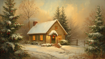 vintage oil painting of winter snowy house for christmas