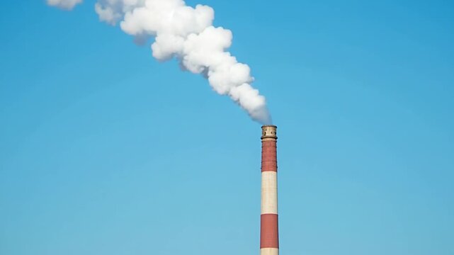 View on the smoke flue of the power plant against the blue sky, close up.