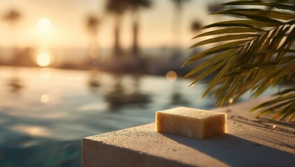 Obraz premium Golden bar of soap sits on a poolside ledge at sunset. Palm fronds