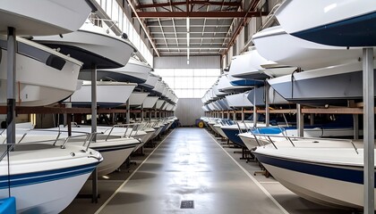 Rows of boats stored in a large indoor hangar