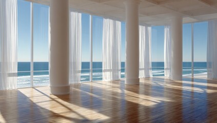 Fototapeta premium Spacious, sunlit interior with ocean views. Floor-to-ceiling windows, white curtains, and pillars frame a vast expanse of blue ocean and white waves. 