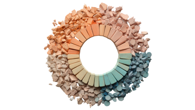 Circular mosaic of fragmented pastel-colored pieces