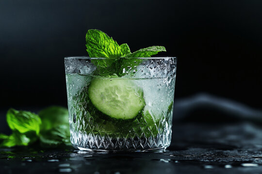 Mint and cucumber elixir in hand-blown glass with fresh herbs