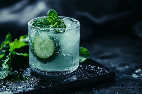 Mint and cucumber elixir in hand-blown glass with fresh herbs