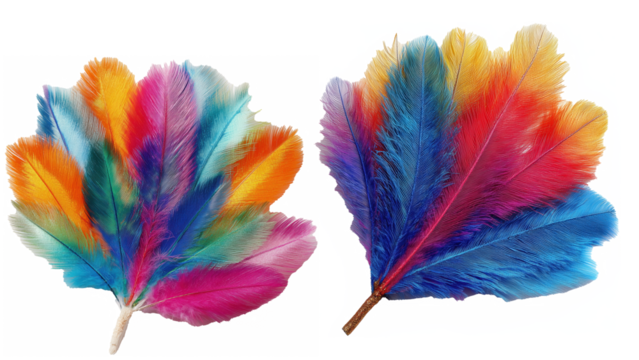 Vibrantly Colored Decorative Feathers In Bright Orange Yellow Pink Blue And Green  isolated on a white background